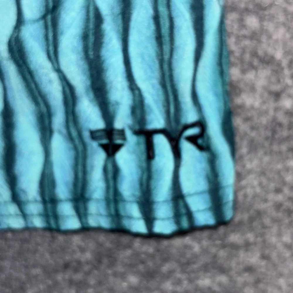 TYR Swim Trunks Shorts Mens‎ XL Teal Blue Black Wavy Print Mesh Lined Drawstring